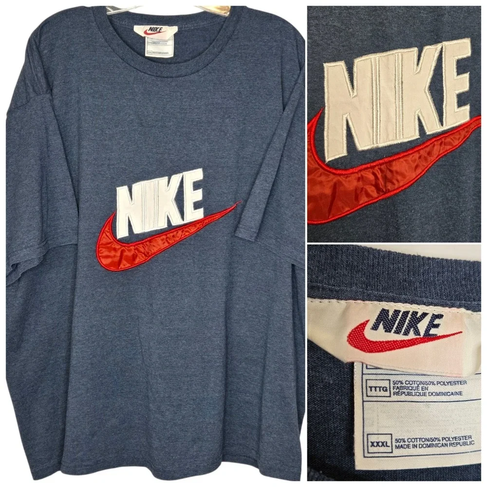 VTG 90s Nike Center Swoosh TShirt XXXL Blue Big Logo Satin Spellout White Tag 3X